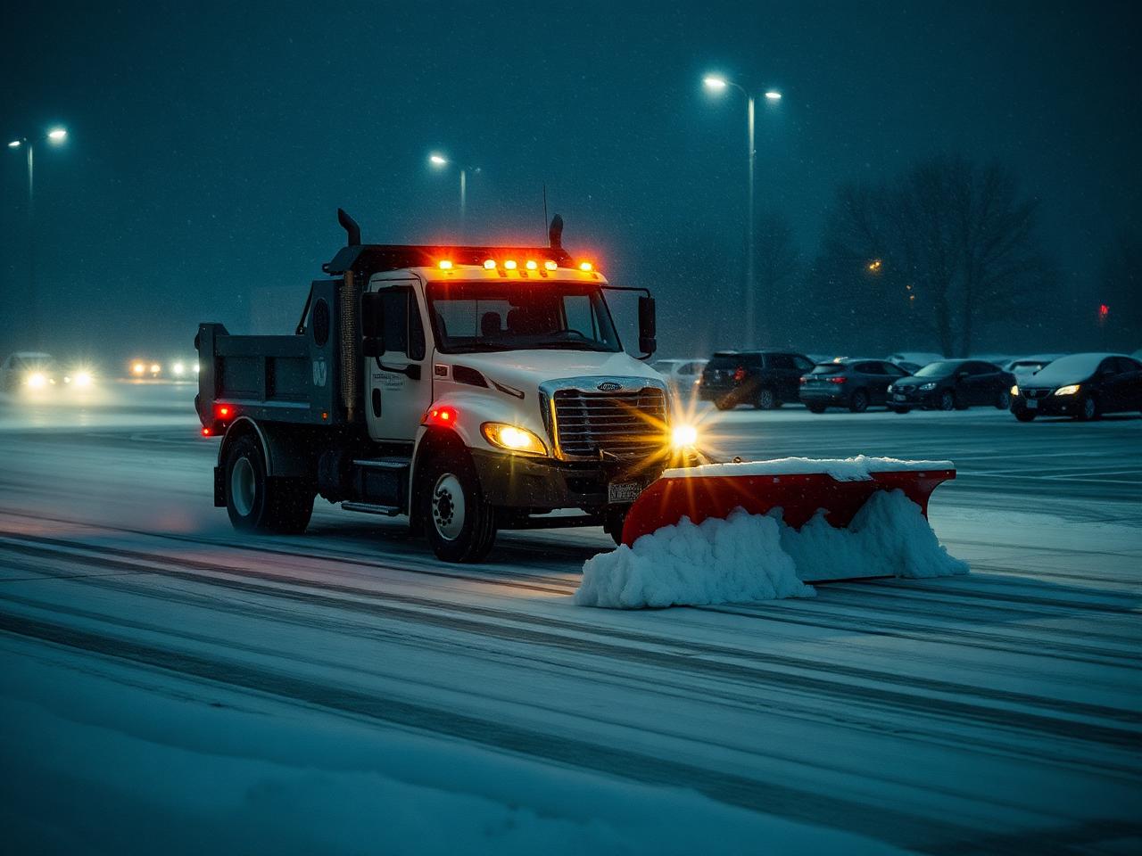 Snow plow clearing Denver commercial lot